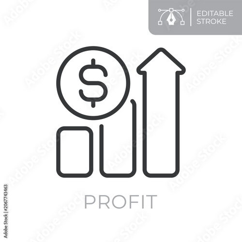 Profit line icon. Editable stroke outline symbol of rising bar chart and coin for profit, revenue growth, financial performance and business success. Flat vector illustration.
