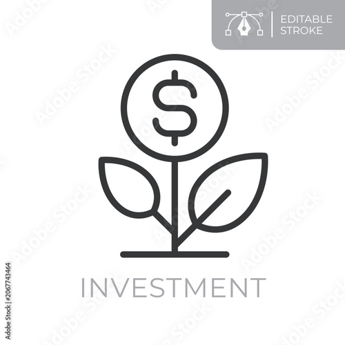 Investment line icon. Editable stroke outline symbol of growing plant with dollar coin for investment, financial growth, wealth building, savings and capital management. Flat vector illustration.