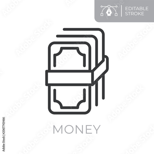 Money line icon. Editable stroke outline symbol of stack of banknotes for cash, payments, finance, income, revenue and financial transactions. Flat vector illustration.