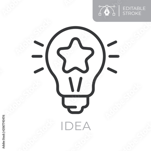 Idea line icon. Editable stroke outline symbol of light bulb with star for innovation, creative ideas, product development, invention and business growth. Flat vector illustration.