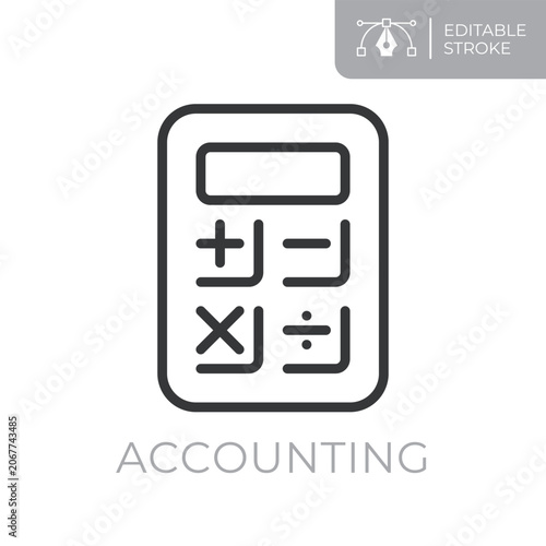 Accounting line icon. Editable stroke outline symbol of calculator for bookkeeping, budgeting, tax calculation, expense tracking and financial management. Flat vector illustration.
