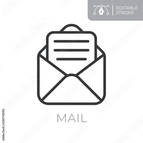 Mail line icon. Editable stroke outline symbol of envelope with letter for email communication, messaging, correspondence, notifications and business mail. Flat vector illustration.