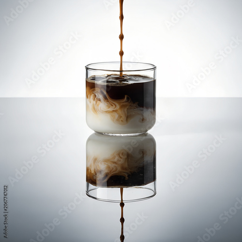 A centered glass on a mirror-like white reflective countertop, espresso distilling into milk with perfectly visible reflections beneath, photorealistic, ultra-clean composition, commercial product 