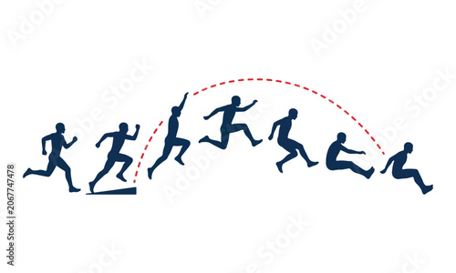 Fotografie Long jump athlete sequence silhouette on white background