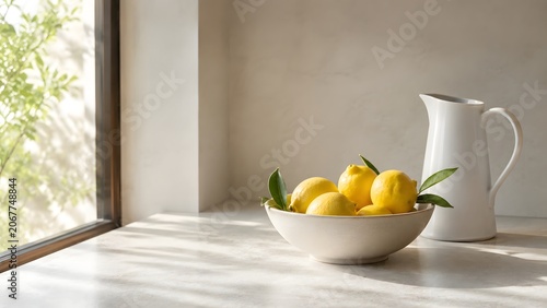 Fresh lemons in white bowl beside ceramic pitcher by sunny window, bright kitchen still life with natural light, healthy citrus fruit and clean home mood