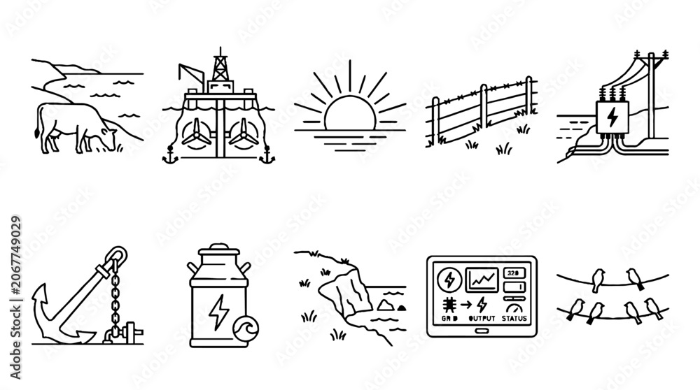 Fototapeta premium Set of hand drawn icons representing renewable energy marine industry and coastal agriculture concepts.