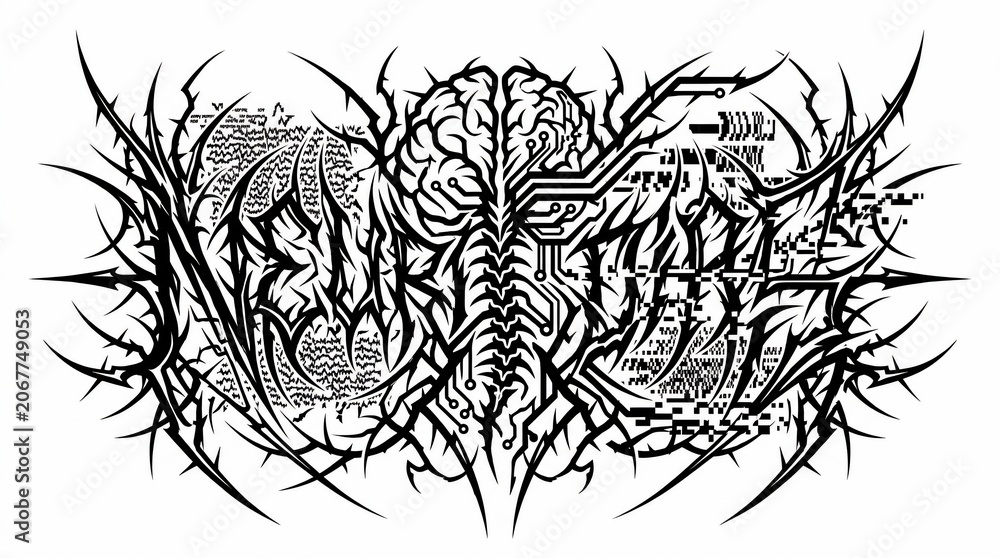 Fototapeta premium Gothic cybernetic brain spine fusion with circuit patterns and digital glitches
