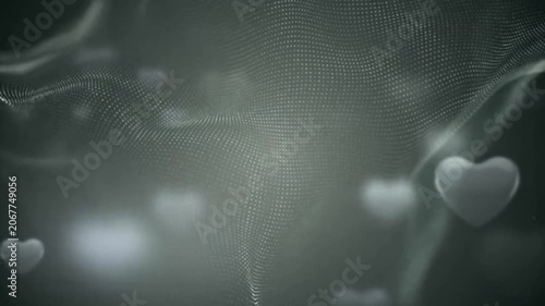 Gray hearts float in dark background with light effects