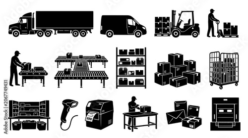 Logistics and Shipping Icons Set. Warehouse, Delivery, Supply Chain Solid Glyph Black White Pictograms