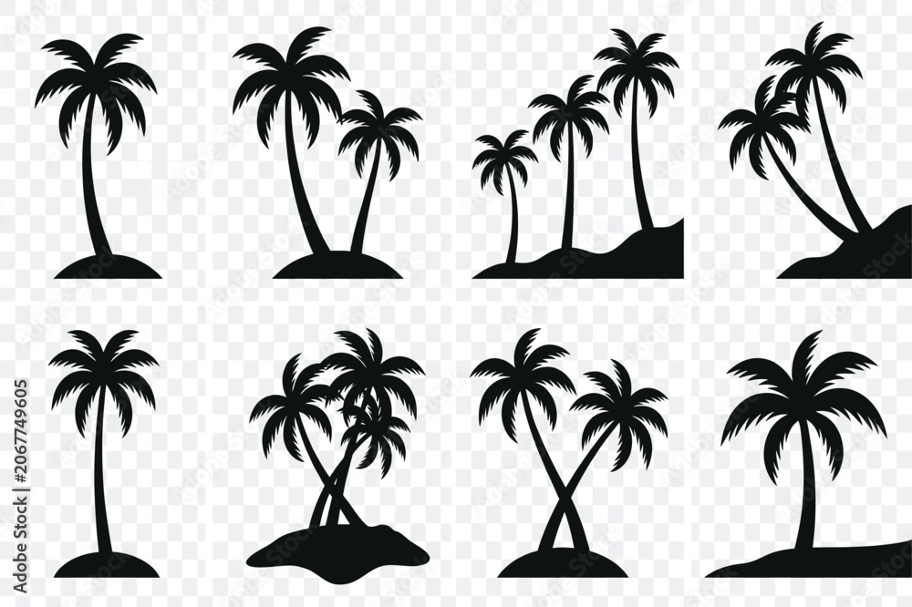 Fototapeta premium Palm tree silhouettes on islands a black and white vector illustration
