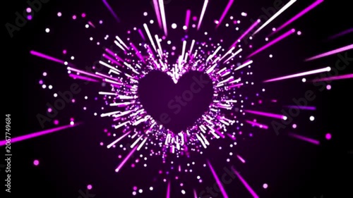 Purple heart shaped particle bursts on black background