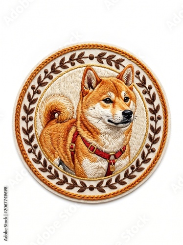 Detailed embroidery Shiba Inu dog portrait hoop art with decorative wreath border isolated on white background
