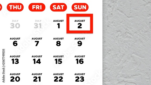 Close-up of August 2nd date marked with a red cursor on a 2026 wall calendar