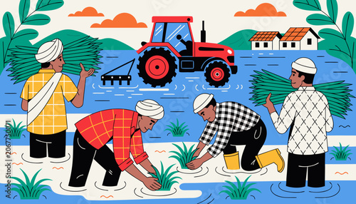 Farmers work together to plant crops in a field while a tractor prepares the land in the background during daytime Generative AI