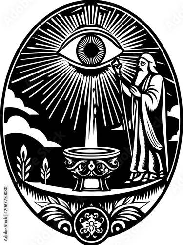 Symbolic representation of an eye above a man with a staff and a bowl in a circular design Generative AI