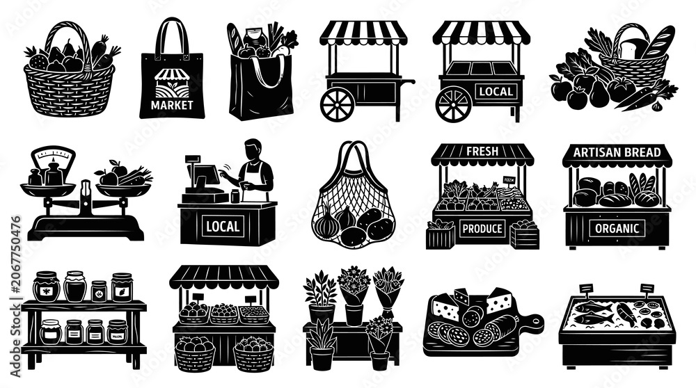 Obraz premium Black and White Market Stall Icons: Produce, Bread, Fish, Food Basket, Shopping Bag