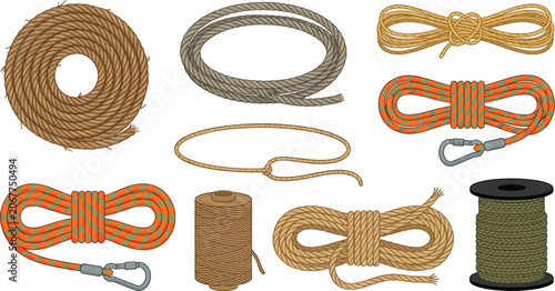 Schilderij op canvas Rope and Cord Vector Illustration Set with Knots Coils Lasso Loops Climbing Cord