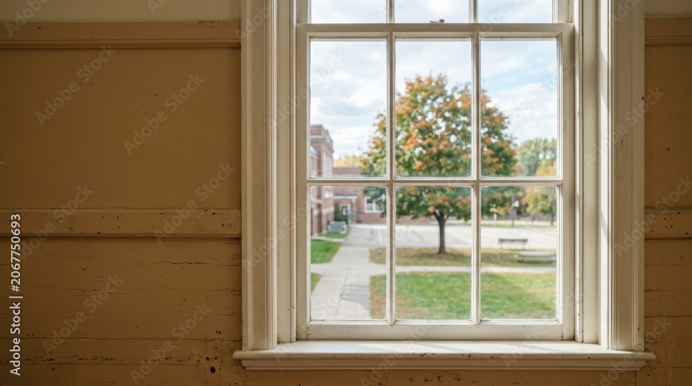 Fototapeta premium View Through Classic Window Showing Green Tree and Street Scene.
