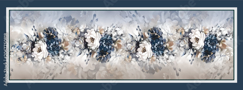 Schilderij op canvas Luxury Navy Blue and Ivory Rectangular Scarf - Oil Painting Floral Long Shawl Pa
