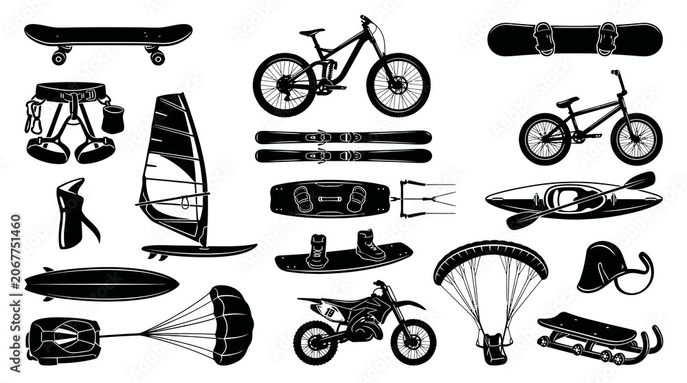 Naklejka premium Black White Glyph Icons Set of Extreme and Outdoor Sports Equipment, Gear for Adventure and Recreation