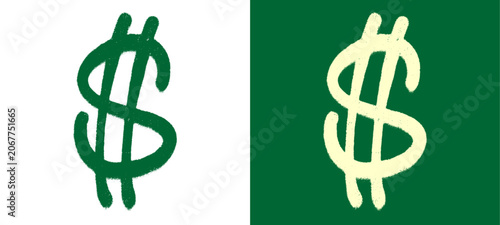 Dollar sign spray paint graffiti tag template. Distressed abstract urban currency cash financial symbol with green realistic dripping ink splatter for hardcore streetwear print design asset clip art.