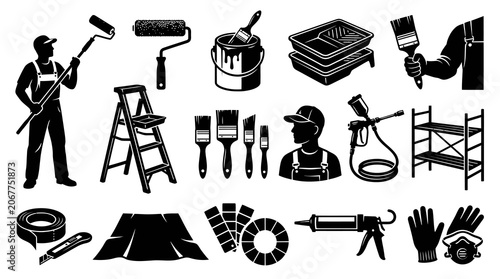 Black  White Glyph Icons of Painting and Decorating Tools for Home Improvement and Construction