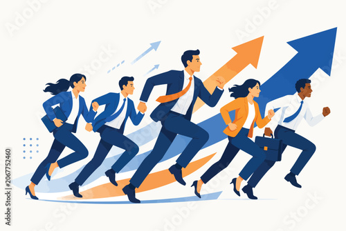Business People Running Forward with Arrows