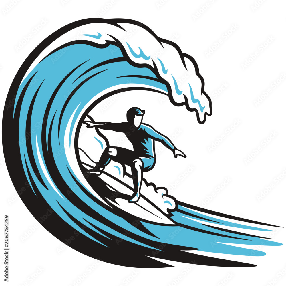 Fototapeta premium Surfer riding a big blue ocean wave in a dynamic action pose with surfboard