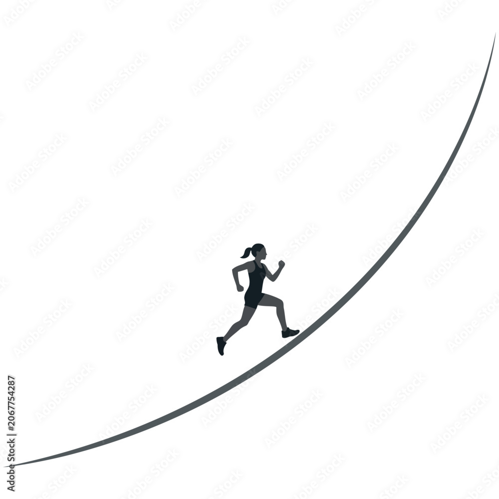 Fototapeta premium Silhouette of a female athlete running upwards along a rising curved path