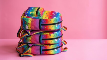 Colorful Tie-Dye Backpack Stacked Against Pink Background for Youth and Fashion Style.