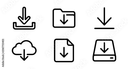 Download Icons Set, Cloud Storage Vector Graphics, File Transfer Symbols, Data Upload Icons
