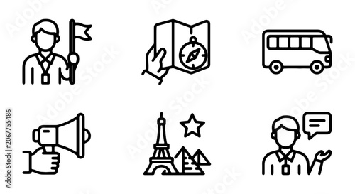 Travel Tour Guide Icons Set, Tourism Navigation Symbols, Vacation Trip Icons, 6 Vector Elements