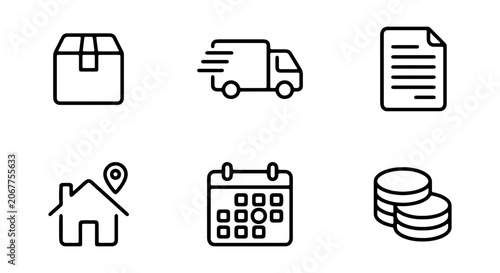 Delivery Icons Set: Package, Truck, Document, Location, Calendar, Coins, Logistics, Shipping, Business