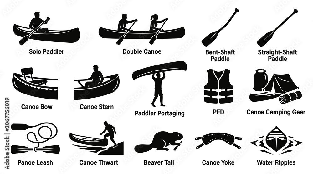 Obraz premium Canoe and Kayak Icons Set - Black and White Vector Illustrations for Paddling