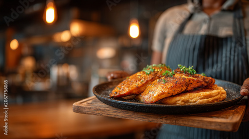 Chef carrying platter with roasted fish fillets served on wooden board in restaurant