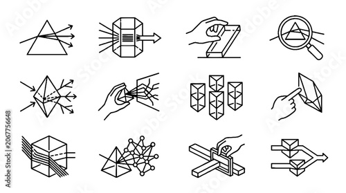 Set of scientific prism icons showing light refraction and optical physics experiments in thin line style.