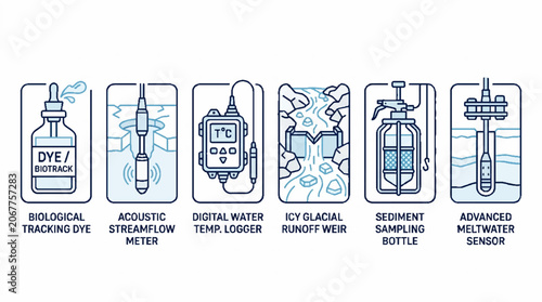 Scientific water monitoring and glacial research equipment line icons set.