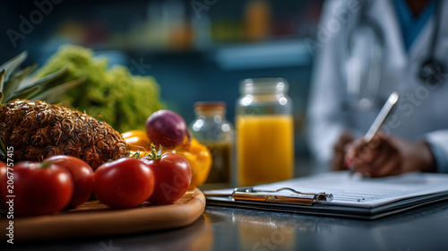 Doctor analyzing patient health records near fresh vegetables and fruit juice