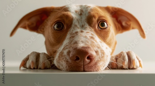 A cute dog resting its head on a surface, looking curiously at the camera. Dogs chewing on furniture