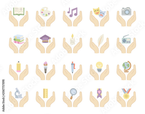 Education learning icon set featuring book palette note mask camera graduation cap candle feather radio pencil brush pen lightbulb globe