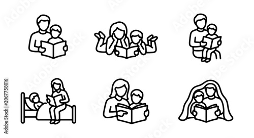 Family Reading Icons, Parent Child Story Time Illustrations, Bedtime Story Vector Set
