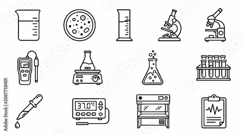 Science Laboratory Equipment Line Art Icon Set for Research and Education.