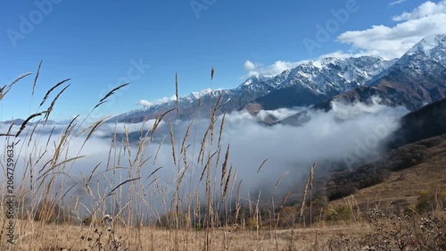 The stunning landscape with dry grass in the foreground offers a view of a valley filled with swirling clouds and impressive snow-capped peaks under a bright blue sky.
