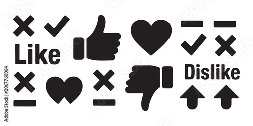 Schilderij op canvas Social media feedback set with like dislike heart and check mark symbols on transparent background