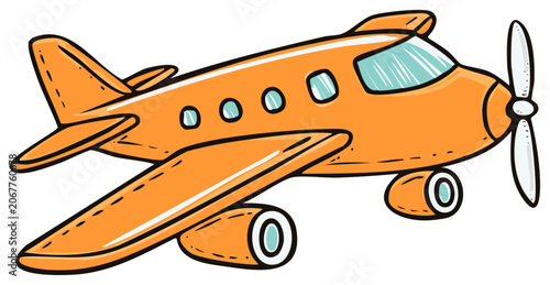 Cartoon illustration of a vintage orange airplane in flight