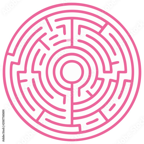 Pink circular maze puzzle. Labyrinth challenge game and problem-solving concept.