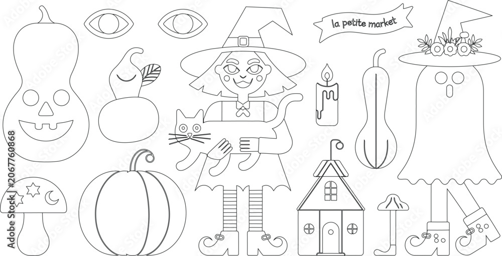 Fototapeta premium Cute witch holding a cat surrounded by various spooky Halloween elements for coloring fun
