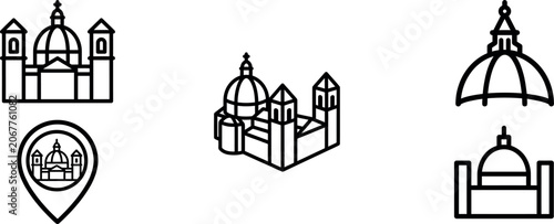 Vintage European cathedral dome vector illustration, classic architectural landmark with flying seagulls, black and white historical . Travel icon set cathedral basilica and landmark building line art