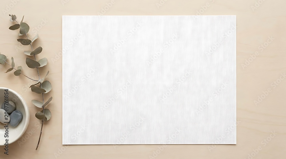 Fototapeta premium Minimalist top view background featuring textured white paper sheet dried eucalyptus sprig and ceramic bowl with smooth river pebbles.