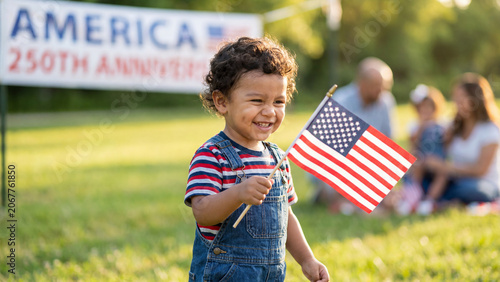 American Independence 250th Anniversary with Hispanic toddler boy waving flag in patriotic outfit for diverse holiday content and celebration marketing materials